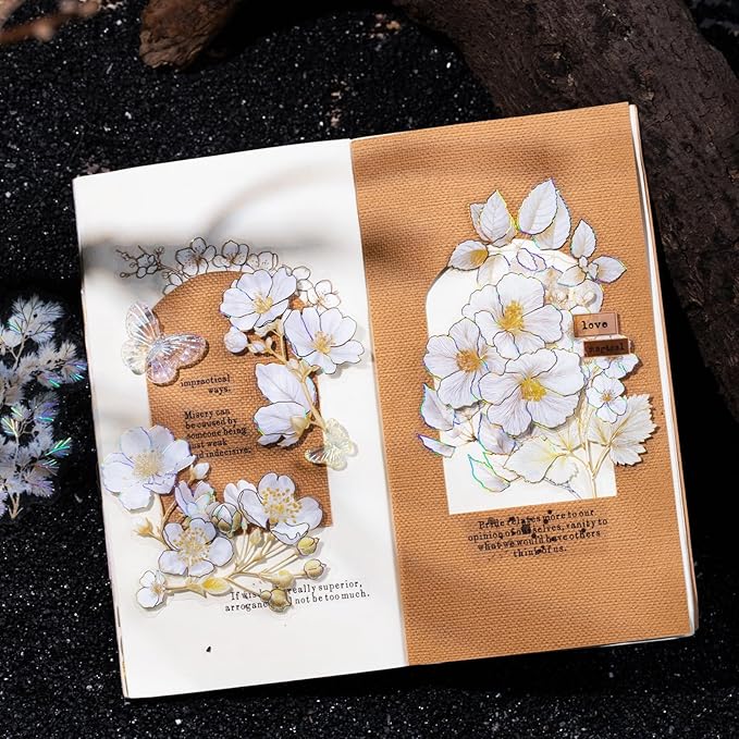 AuriicLeaf Floral PET Stickers – 60 Foil-Stamped Self-Adhesive Flower Designs Waterproof Transparent Stickers for Scrapbooking Journaling DIY Crafts and Decoration