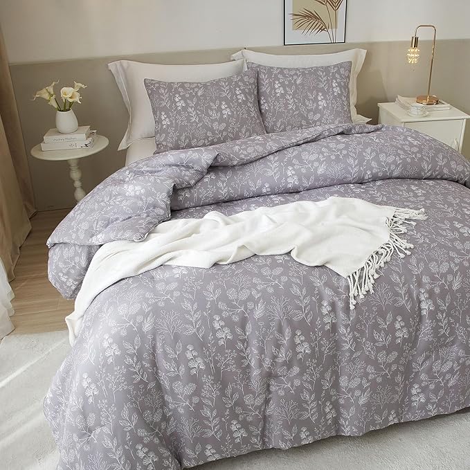 EAVD Fresh Vintage Grey Floral Duvet Cover King Soft Cotton Chic Shabby Garden Floral Bedding Set with 2 Pillowcases Reversible Floral Botanical Duvet Cover with Zipper Closure