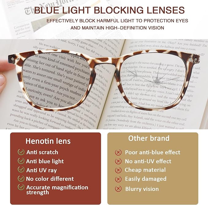 Henotin 3 Pack Blue Light Blocking Reading Glasses,Spring Hinge Computer Readers for Men Women,Anti UV Ray Filter Eyeglasses (3 Pairs, 0.75)