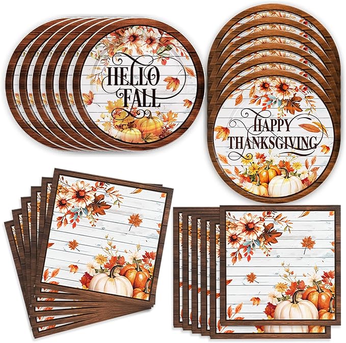 48Pcs Thanksgiving Day Birthday Party Decorations for 24 Guests - Fall Pumpkin Autumn Thanksgiving Day Supplies Plates and Napkins for Baby Shower Birthday Party Decorations