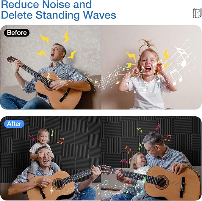 48 Pack Sound Proof Foam Panels for Walls,1" X 12" X 12"Self-Adhesive Foam Acoustic Panels Sound Absorbing,High Density Quick-Recovery Soundproof Wall Panels,Black