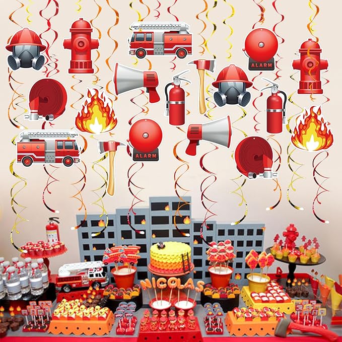 Firefighter Party Hanging Swirls, 48 Pcs,Fire Truck Party Decoration Sign,Hydrants Fire Rescue Equipment Theme Party Supplies for Birthday,Red Orange Yellow