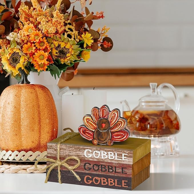 Smile Thanksgiving Wooden Decor Indoor, Turkey Decor Gobble Faux Books Bundle, Thanksgiving Table Tiered Tray Kitchen Decorations