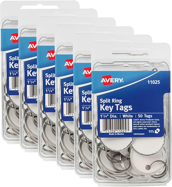 Avery Metal Rim Key Tags 6-Pack, 1.25" Diameter Tag, Metal Split Ring, White, 300 Tags Total (13128)