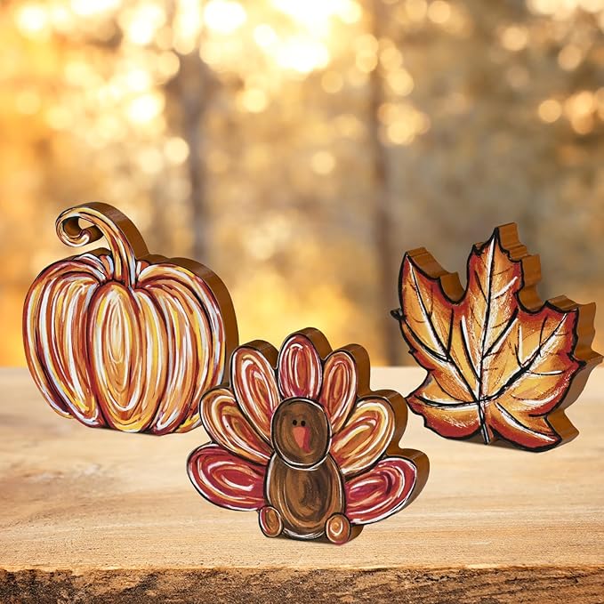 Smile 3 Pcs Wooden Blocks Pumpkin Turkey Maple Signs, Thanksgiving Tiered Tray Decorations, for Home Table Shelf.