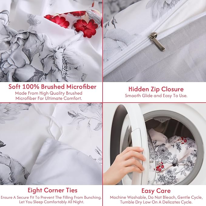 LONAVA King Flower 3 Pcs Duvet Cover Set, Breathable Soft Microfiber White Lining Comforter Cover with Zipper Closure, and 2 Anti-Pilling, Fade Resistant Pillowcases, Gothic Rose