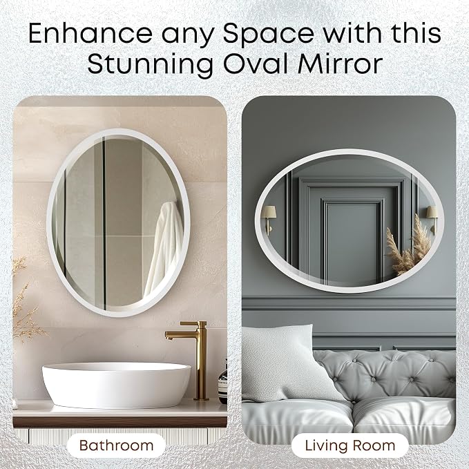 OVALCREST - Oval Wooden Beveled Wall Mirror for Home Decor, Bathroom, Vanity, Bedroom, Living Room, Hallway - London Style (Linen White) 37.1 x 25.1