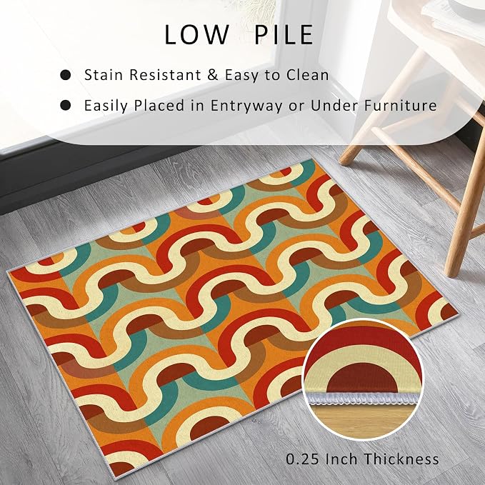 70s Retro Rug 3x5 Checkboard Striped Groovy Pop Pattern Area Rugs for Living Room, Bedroom, 70s Retro Home Decor Accessories Indoor Carpet, Non Slip & Machine Washable, GD0354