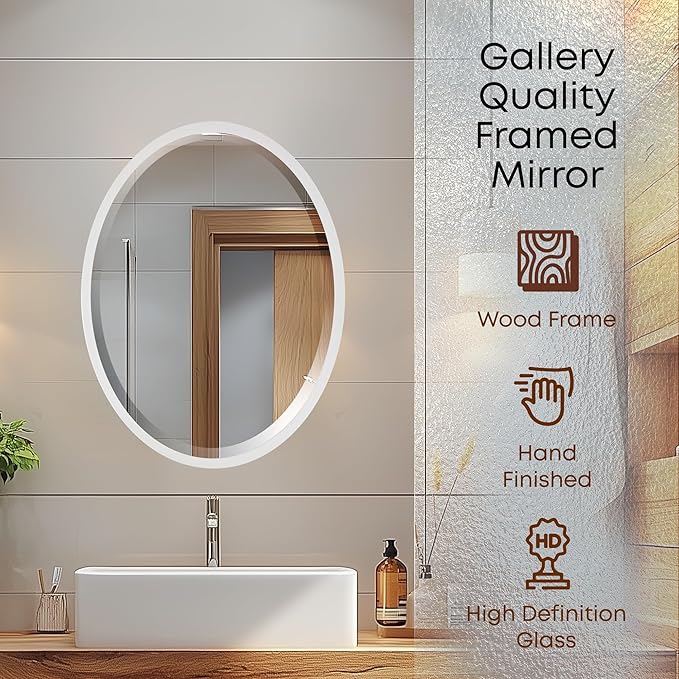 OVALCREST - Oval Wooden Beveled Wall Mirror for Home Decor, Bathroom, Vanity, Bedroom, Living Room, Hallway - London Style (Linen White) 21.1 x 17.1