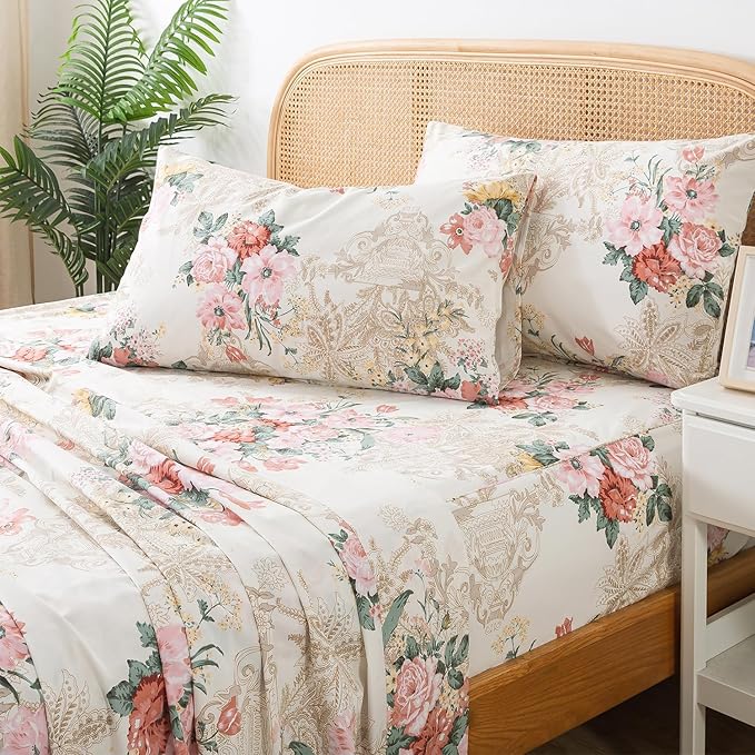 Zusbest Full Floral Bed Sheets, Soft 100% Cotton Pink & Cream Sheets, Shabby Vintage Chic Peony Flower Printed Paisley Bed Set, Breathable Luxury Bedding 4 Piece Deep Pocket 17.5‘’