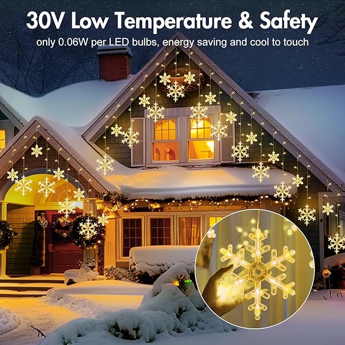 2 Pack 13 Ft 192 LED Snowflake Christmas Icicle Lights with 16 Drops, 8 Modes and Timer, IP65 Waterproof Connectable for Indoor Outdoor House Window, Warm White