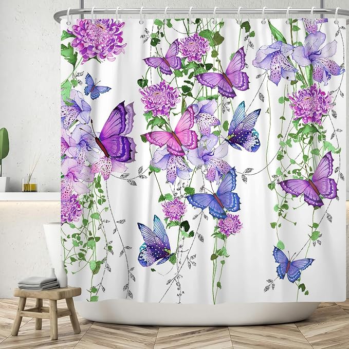 Violet Butterfly Floral Shower Curtain Spring Lavender Shower Curtain Lilac Pink Floral Bathroom Decor Waterproof Polyester Fabric with 12 Hooks,69x70 Inches