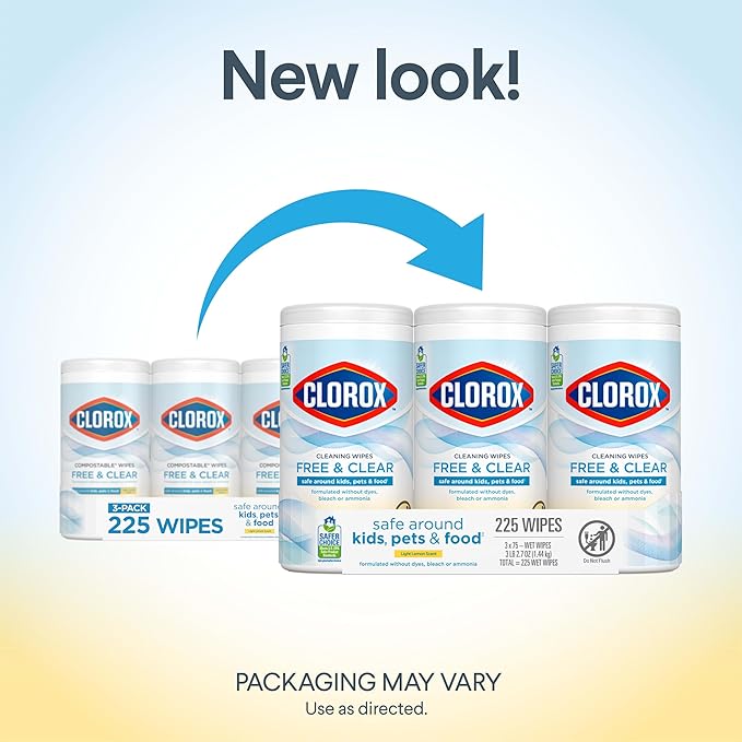 Clorox Free & Clear Cleaning Wipes, Light Lemon Scent, 75 Count, Pack of 3 (Pack May Vary)