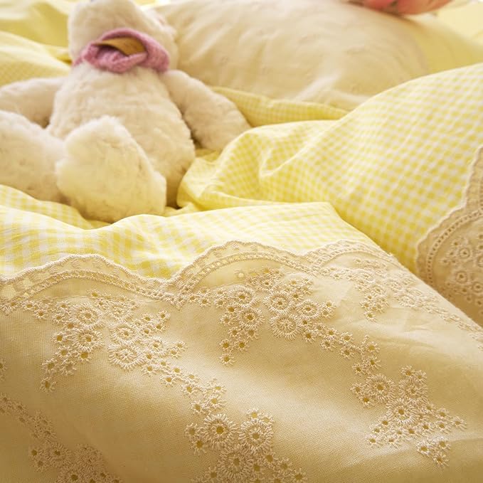 LifeTB Yellow Gingham Duvet Cover Full 3 Pieces Romantic Lace Comforter Cover Soft Microfiber Cream Yellow Grid Duvet Cover Farmhouse Plaid Checkered Comforter Cover Grid Gingham Bedding Set