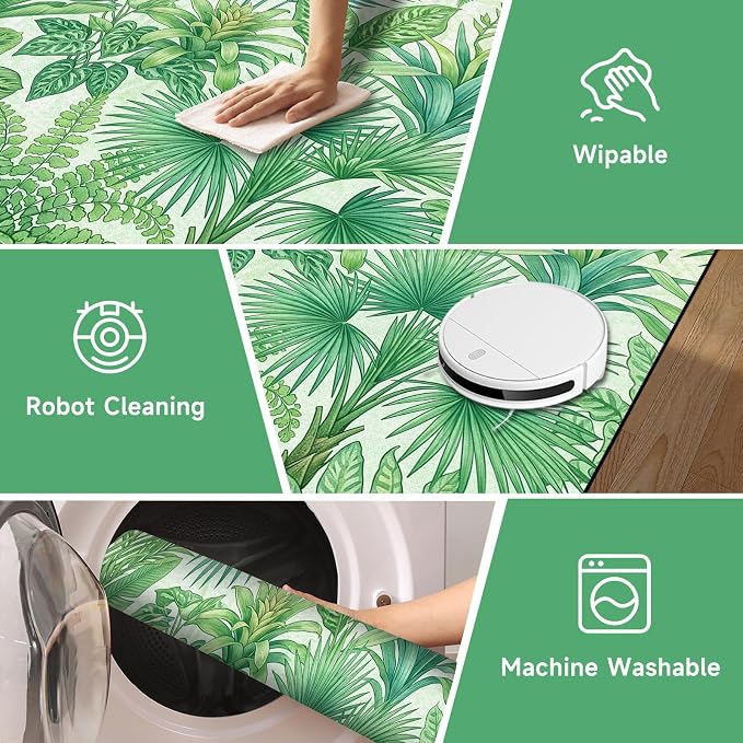 Tropical Leaves Area Rug 2'x3' Green Botanical Palm Fern Leaf Rug Non Slip Washable Indoor Floor Mat for Entryway Bedroom Living Room Nursery Kitchen Playroom Home Decor