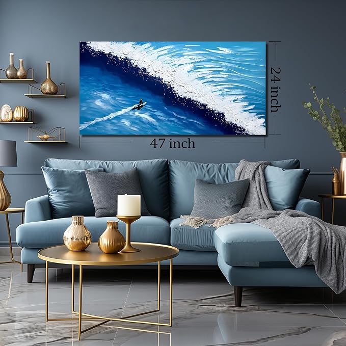 Blue Ocean Sea Wall Art for Dining Room Modern Painting Wall Art for Living Room Blue and White Wall Decor Teen Bedroom Size 24 x 47 Inch