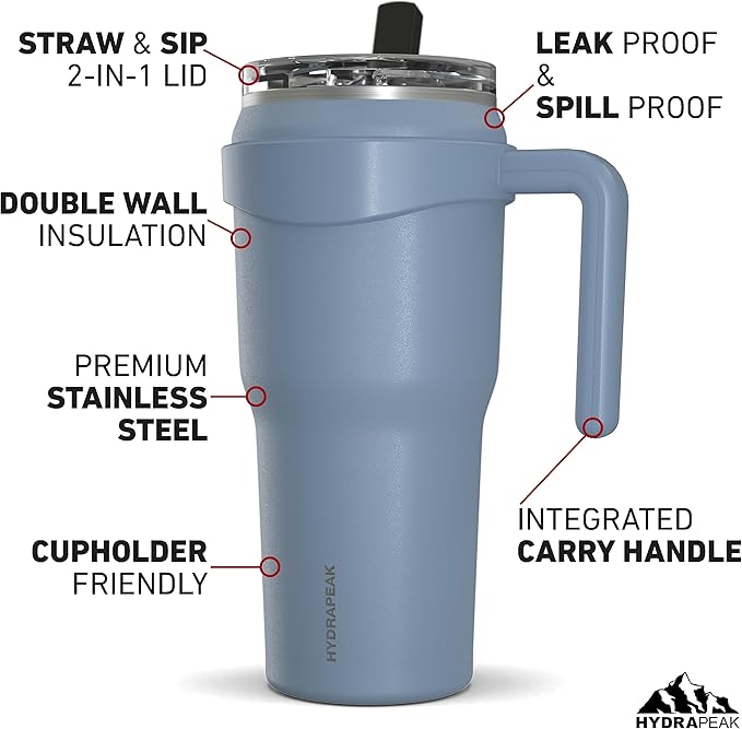 Hydrapeak Roadster 40oz Stainless Steel Tumbler Double Wall Vacuum Insulated Water Bottle With Handle And 2 in 1 Straw Lid (Modern Blue)