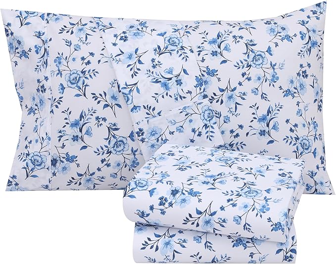 RUVANTI 100% Cotton King Size Sheets Set, 4 Pieces, Soft & Breathable Percale Weave Bedding, Deep Pocket 16", Hotel Standard, Crisp Cool Feel, Durable, Perfect Floral Bed Sheet, Annual