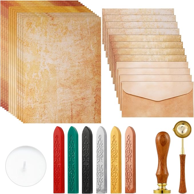 33 Pieces Vintage Paper and Envelopes Set, Including 12 Writing Stationery Paper Letter 12 Envelopes Sealing 6 Wax Sticks Seal Stamp Tea Candles and Wax Spoon for Stamp