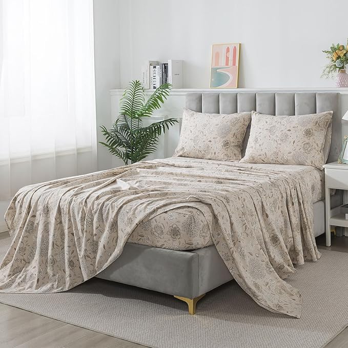 FADFAY Light Khaki Vintage Hydrangea Floral King Size Sheets Set 100% Brushed Cotton Shabby Peony Pattern Bedding Set Deep Pocket Sheets with 2 Pillowcases Luxury Daisy Breathable Soft 4pcs, King Size