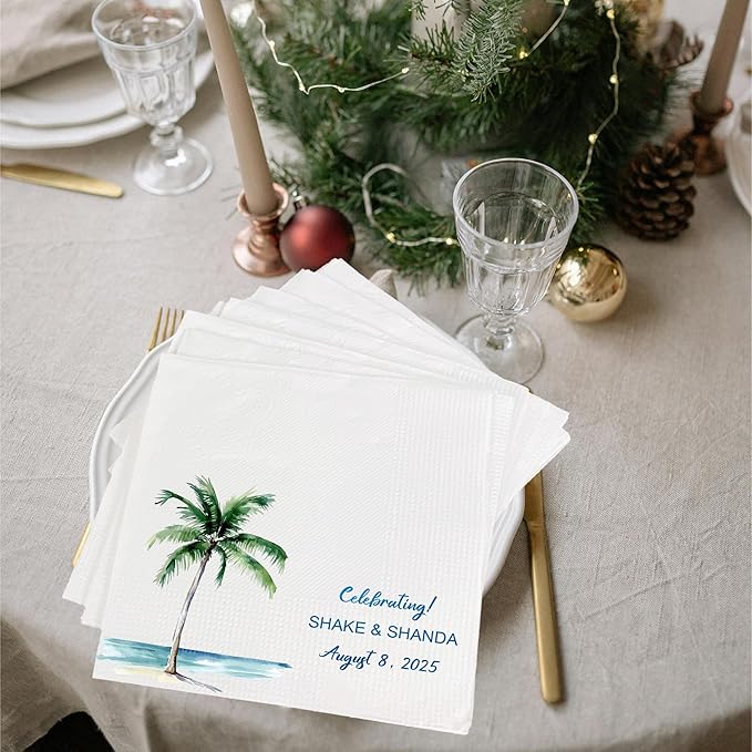 Luxury Custom Cocktail Napkins Wedding, Pack 50 100 150 500 Anniversary Party, Monogram Initials, Rehearsal Dinner Table Decor, Beverage & Luncheon, Saga Green, White Decor Style 4