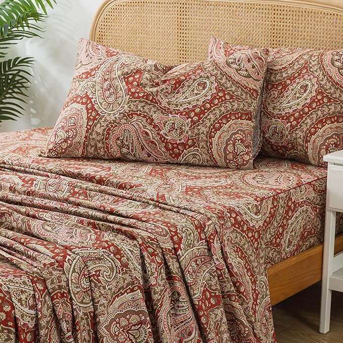 Zusbest Bed Sheet Sets Full Size 100% Cotton Burgundy Red Paisley Sheets Luxury Soft Breathable Crispy Cooling Percale Sheets 17.5 Inches Deep Pocket Bed Set, 4 Pieces
