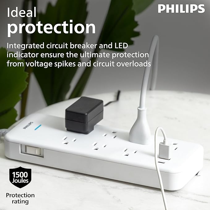 Philips 7-Outlet Surge Protector with USB Charging, 6ft Braided Extension Cord, 1USB-A, 1USB-C, 1500J, Adapter Spaced, Outlet Extender Power Strip, White - SPP3983W/37