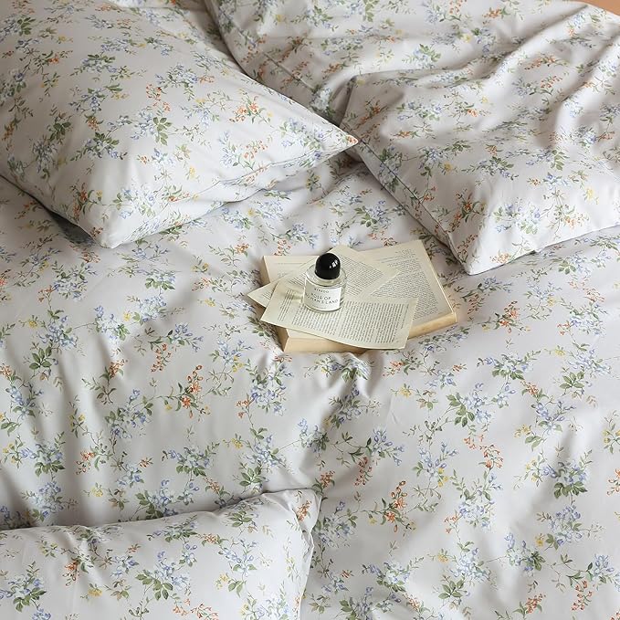 Vintage Style Garden Floral Duvet Cover Full 100% Cotton Aesthetic Floral Pattern Bedding Set Full Boho Flower Botanical Comforter Cover with 2 Pillowcases Cottagecore Bedding Cover for Girls Women