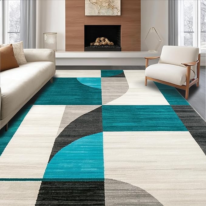 Flatwoven High Traffic Area Rug 6x9, Modern Abstract Geometric Rug Stylish Home Decor, Non Slip, Stain Resistant, Washable Area Rugs for Living Room, Bedroom (Teal, 6x9)