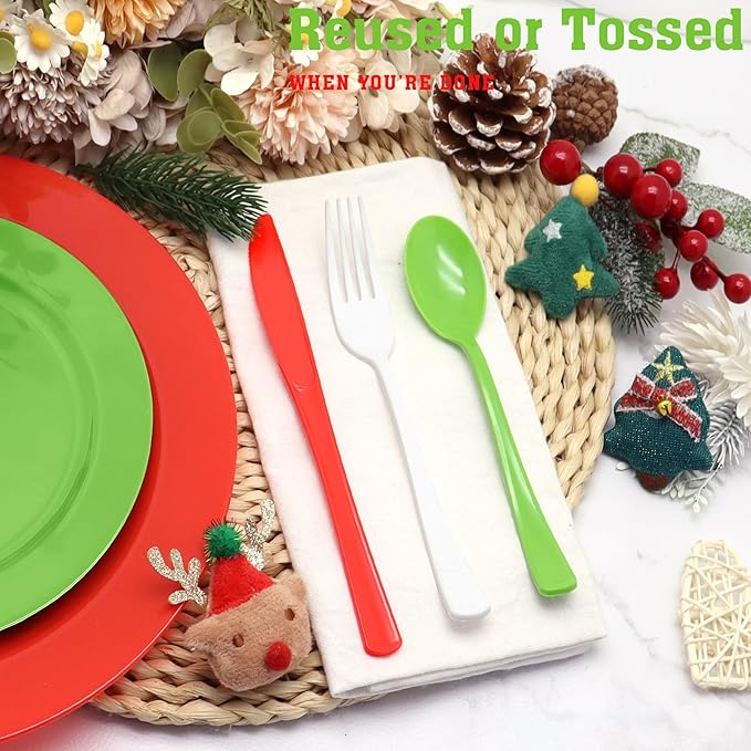 153 Pcs Christmas Plastic Silverware Heavy Duty Disposable Tableware Sets Includes Spoons Forks Knives for Christmas Party Supplies (Red, Bright Green, White)