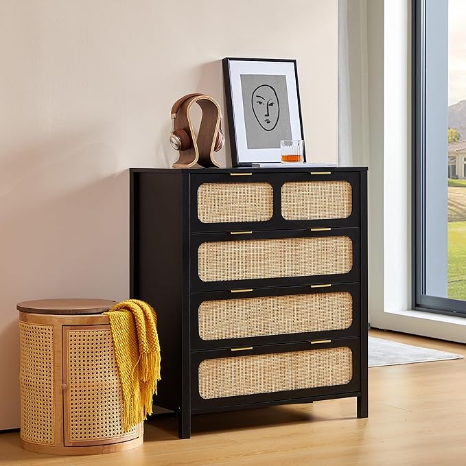 LEVNARY 4 Drawer Dresser for Bedroom, Rattan Dresser Drawers Storage Cabinet with Metal Handles, Wooden Chest of Drawers for Bedroom, Entryway, Living Room, Hallway (1, Black)