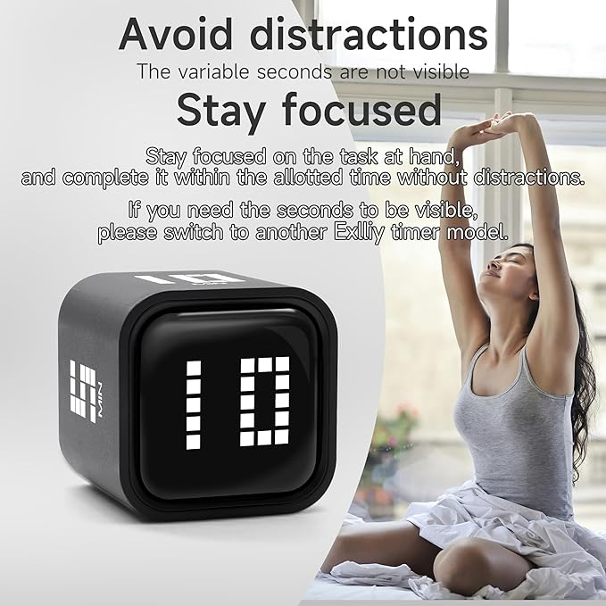 Exlliy Rotating Productivity Timer 5, 10, 30, 60 Minutes Preset, Desk Cube w/Gravity Sensor for ADHD, Mute Functions, Ideal for Work, Study, Kitchen, Back to School (Black)