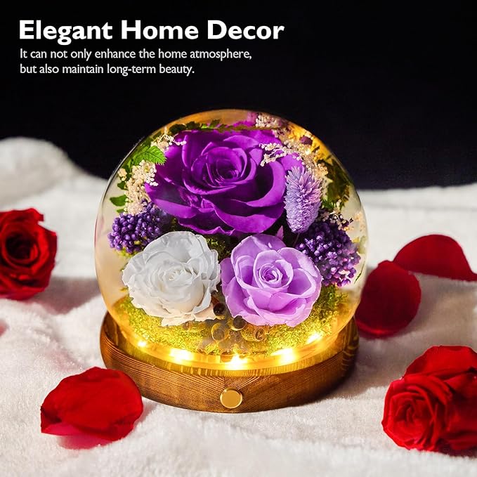 Forever Flowers for Delivery Prime, Preserved Rose in Glass Dome, Gifts for Women Birthday, Long-Lasting Flowers for Mom Wife Grandma Valentine's Day Mother's Day Christmas Anniversary, Purple