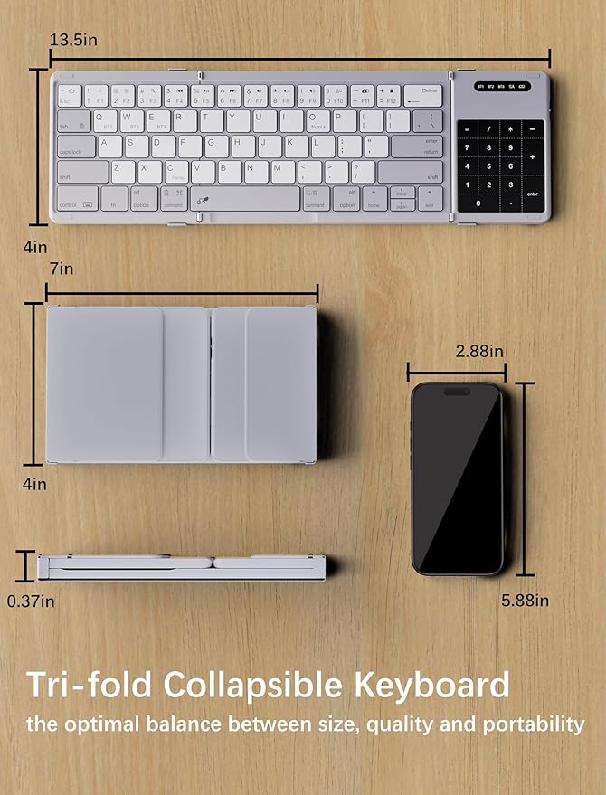 Nillkin Upgraded Foldable Bluetooth Keyboard with Touchpad & Number Pad, Portable Wireless Keyboard for Travel, Pocket-Sized, Full Size Keys, Support 3 Devices for iPad Laptop Tablets Phone, Gray