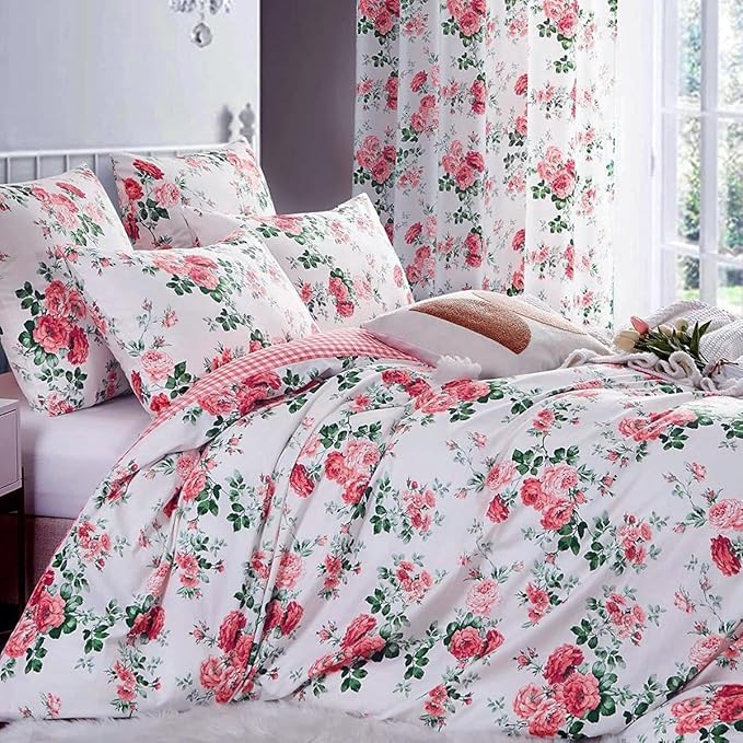 Vintage Pink Floral Duvet Cover Queen 3 Pieces Girls Cottagecore Duvet Cover Soft Microfiber Chic Rose Flower Comforter Cover Pink Plaid Grid Botanical Bedding Floral Aesthetic Comforter Cover Queen