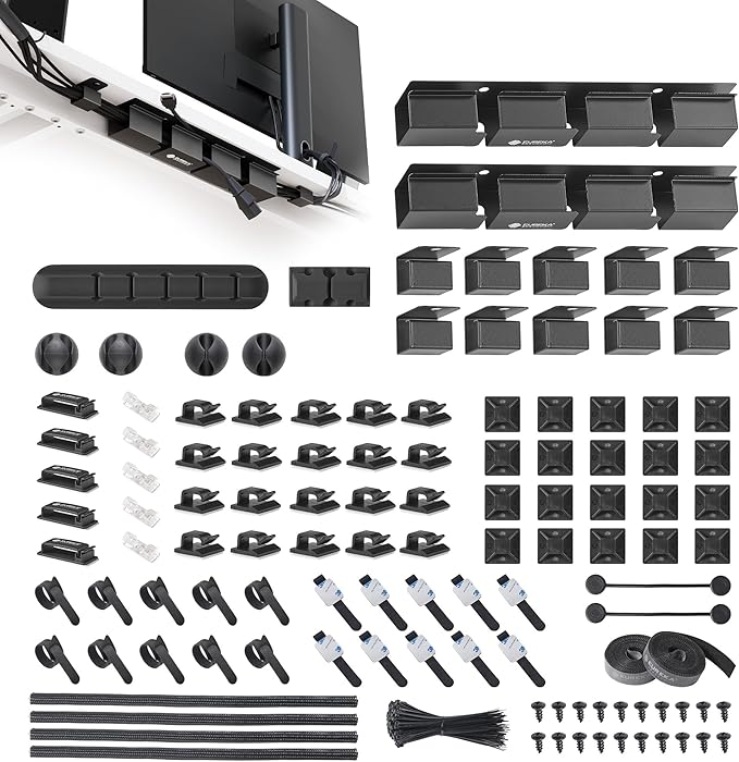 EUREKA ERGONOMIC 316 PCS Cable Management Organizer Kit Cable Raceways, 6 Cable Holder, 4 Cord Sleeve, 60 Wire Clips,2 Roll Self Adhesive Wire Ties, 100 Zip Ties for Office Home Under PC Desk, Black