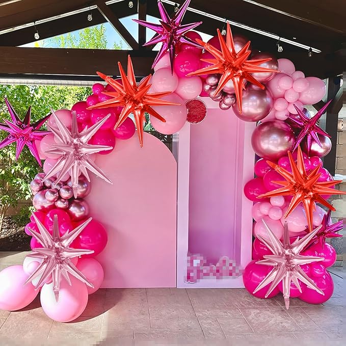 Hot Pink Red Star Balloons,9Pcs 22Inch Pink Red Explosion Spike Cone Helium Polyester Film Star Foil Balloons for Birthday Anniversary Baby Shower Valentine's Day Disco Party Decorations