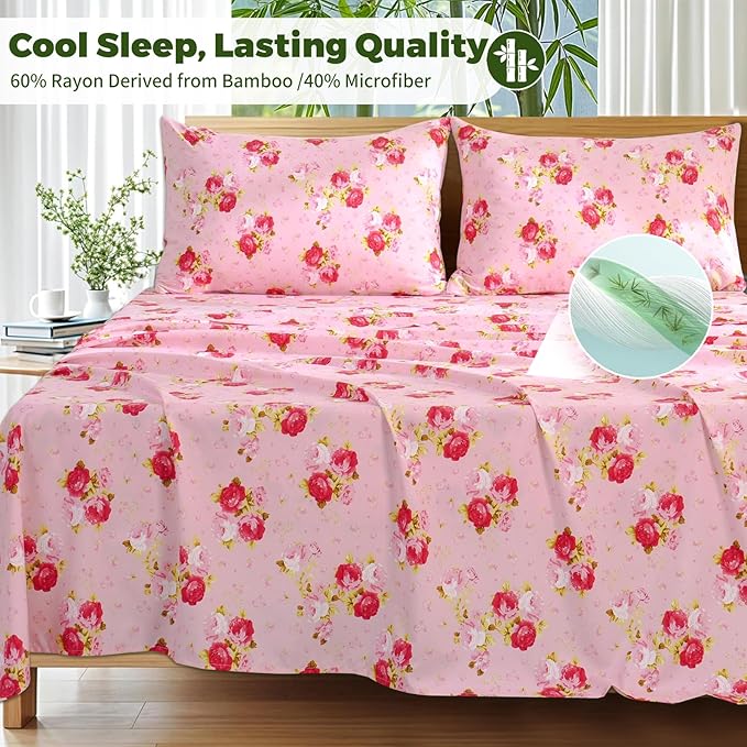 Bedlifes Full Floral 4-Piece Sheet Set - Cooling Sheets Blend Rayon Derived from Bamboo,Soft & Breathable, Deep Pocket 16", Wrinkle Resistant - Vibrant Boho Floral in Rose Pink