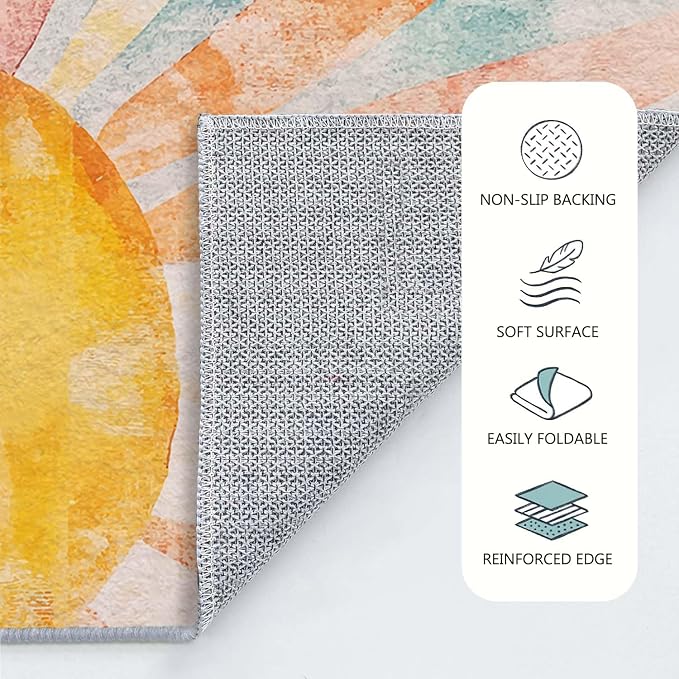 9x12 Boho Sun Area Rug Retro Orange Yellow Blue Beige Bedroom Rug Low Pile Thin Large Carpet Living Room Non Slip Dining Room Stain Resistant Office Washable Machine Classroom