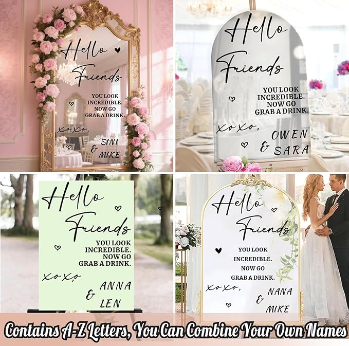 Custom Name Wedding Mirror Decals Welcome to Our Wedding Signs for Glass Mirror DIY Names Vinyl Letters Weddings Stickers Removable Hello Friends Sign for Party Reception Display Marriage Decoration