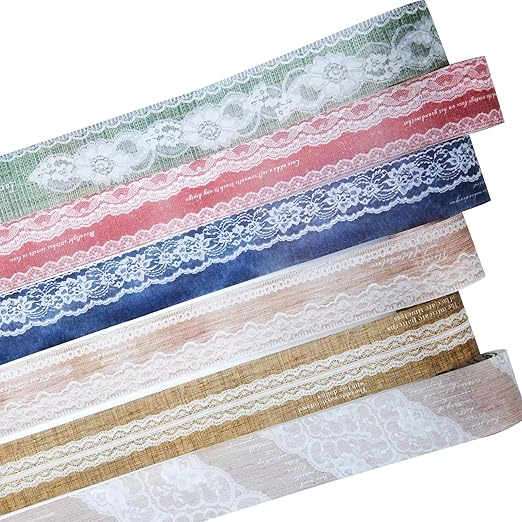 AuriicLeaf Lace Pattern Washi Tape Set, 6 Rolls Japanese Paper Decorative Stickers with 1 Clip, Lace Fabric for Scrapbooking, Journaling, Craft Supplies, 1.57in x 79in