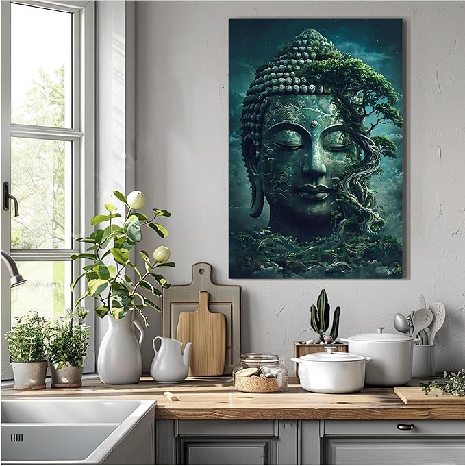 Buddha statue wall art canvas wall decor aesthetic picture mystical nature art for tranquil home and spiritual space 8x12in Wood Framed