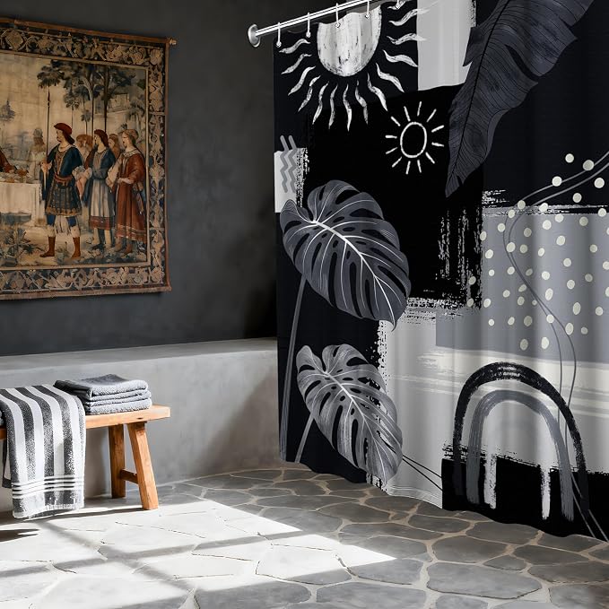 Black and Gray Mid Century Modern Shower Curtain Bohemian Abstract Dark Black and Grey Shower Curtains for Bathroom Decor Sets, Waterproof Cloth Fabric with Hooks, 72x84 Inch