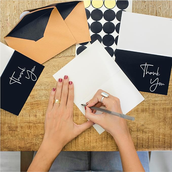 VNS Creations 20 Pack Thank You Cards With Envelopes, Stickers, 4x6 Inch Blank Thank You Notes - Bulk Box Set Large Notes for Graduation, Wedding, Small Business, Baby & Bridal Shower - Black