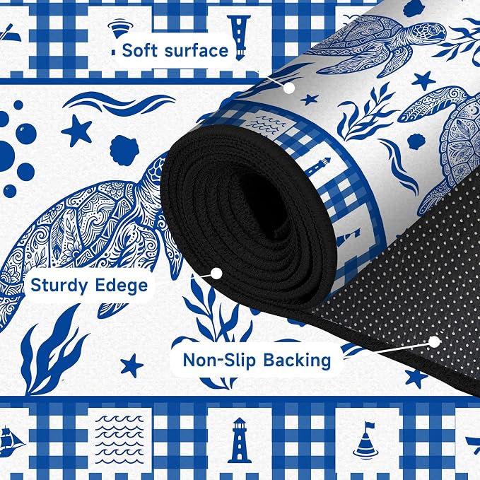 Sea Turtle Rug Coastal Ocean Print Floor Mat Blue and White Plaid Area Rug for Bedroom Living Room Nursery Kitchen Playroom Home Decor Non-Slip Washable Carpet,4'x6'