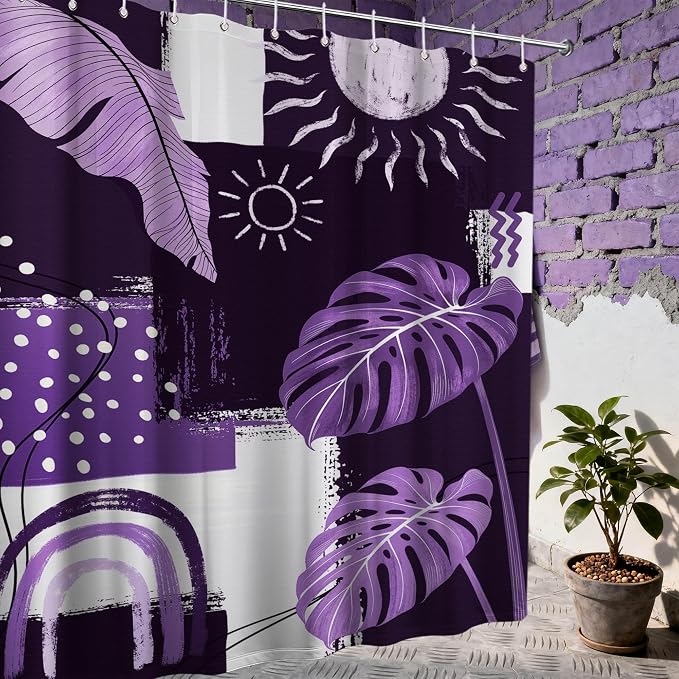 Purple Mid Century Modern Shower Curtain Bohemian Abstract Lavender Shower Curtains for Bathroom Decor Sets, Waterproof Cloth Fabric with Hooks, 70x72 Inch