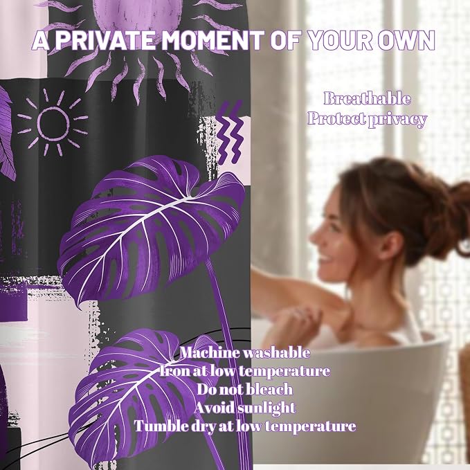 Purple and Gray Mid Century Modern Shower Curtain Bohemian Abstract Dark Purple and Grey Shower Curtains for Bathroom Decor Sets, Waterproof Cloth Fabric with Hooks, 60x72 Inch
