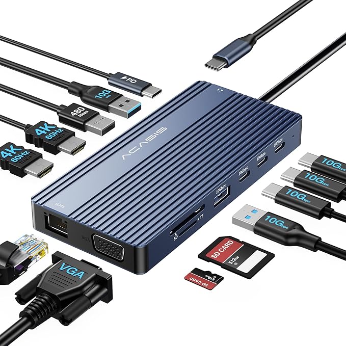 USB C Docking Station Dual HDMI Monitor, Laptop Docking Station 3 Monitors, 2 * 4K HDMI+1080p VGA+100W PD+Ethernet+3 USBC 10Gbps+SD/TF+Audio Adapter, USB C Hub for Dell/Lenovo/HP/ThinkPad