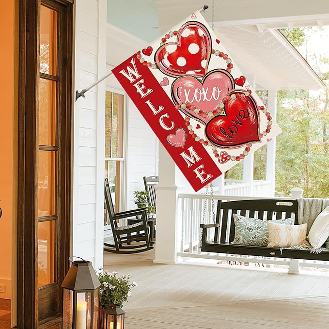AVOIN colorlife Love Hearts Valentines Day House Flag 28x40 Inch Double Sided Outside, XOXO Welcome Anniversary Yard Outdoor Flag