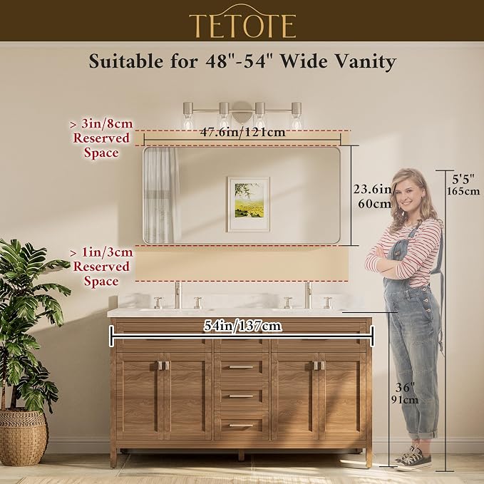 TETOTE 48 x 24 Inch Brushed Gold Frame Mirror, Brass Bathroom Vanity Mirror for Wall, Modern Rectangle Round Corner Matte Framed Mirror (Horizontal/Vertical)